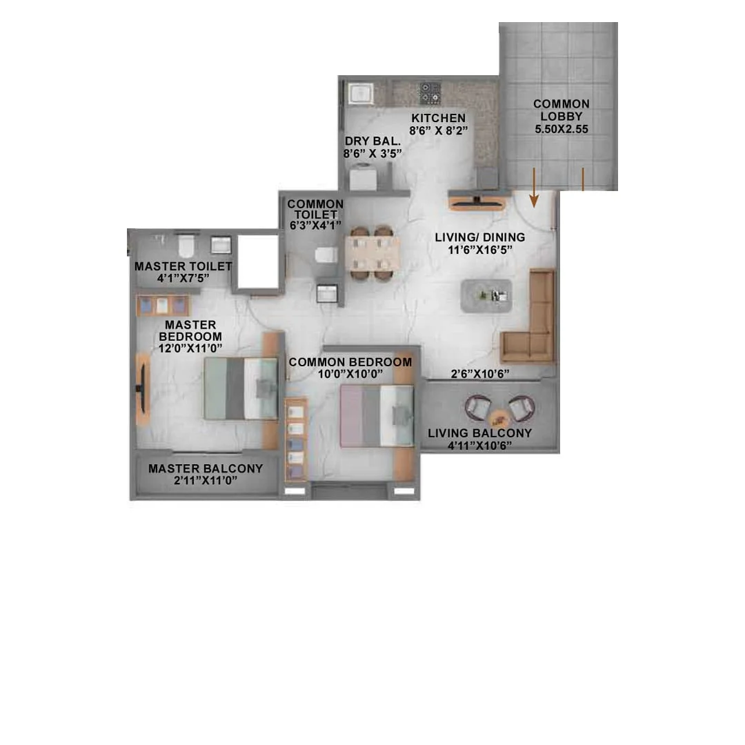 12th Avenue Tathawade 2BHK Floorplan