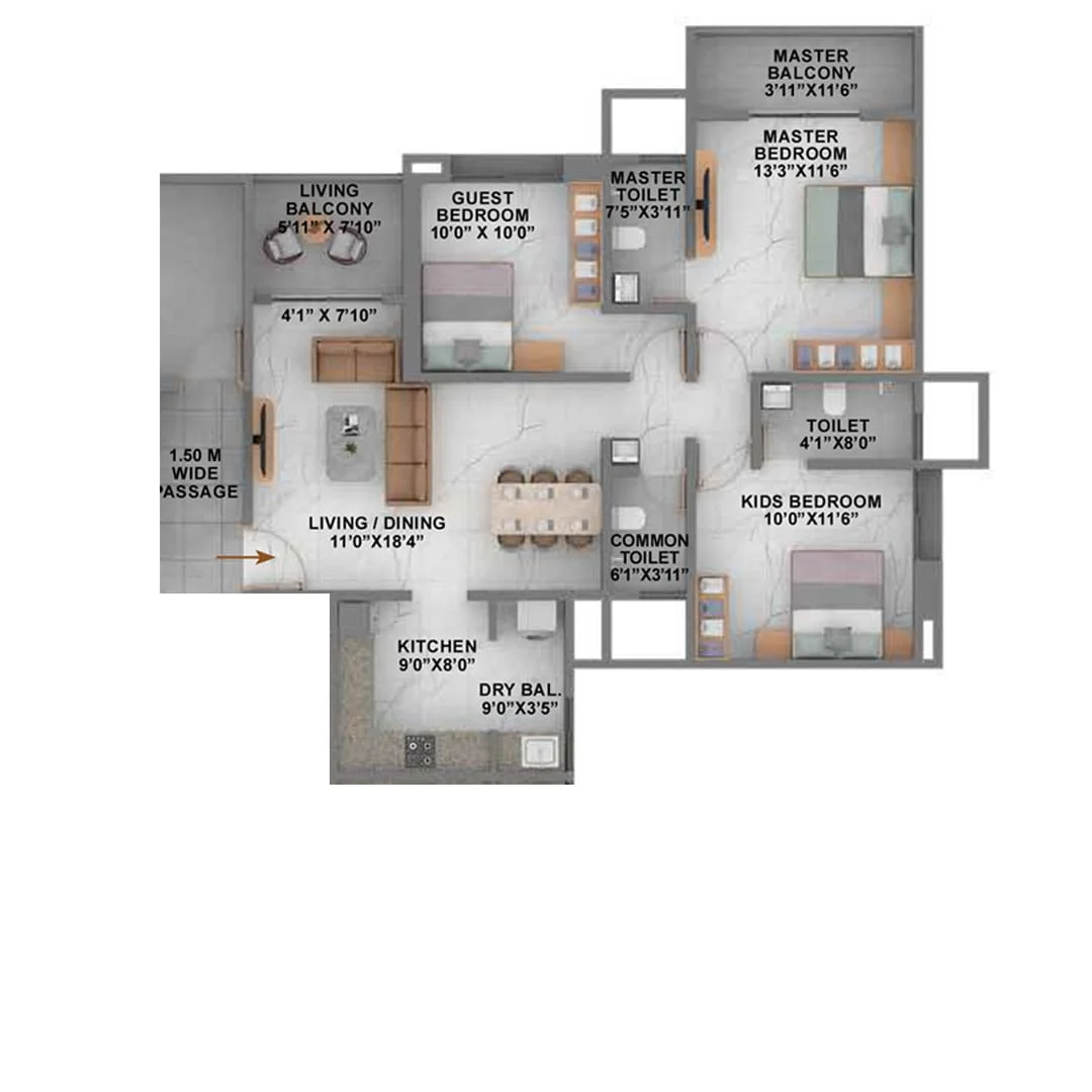 12th Avenue Tathawade 3BHK Floorplan